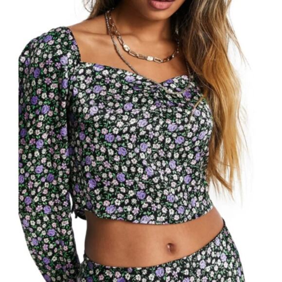 TOPSHOP Floral Print Puff Sleeve Crop Top NEW - Picture 1 of 10